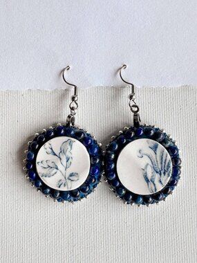 Upcycled Ceramic & Lapis Lazuli Earrings Blue Botanical Dangles